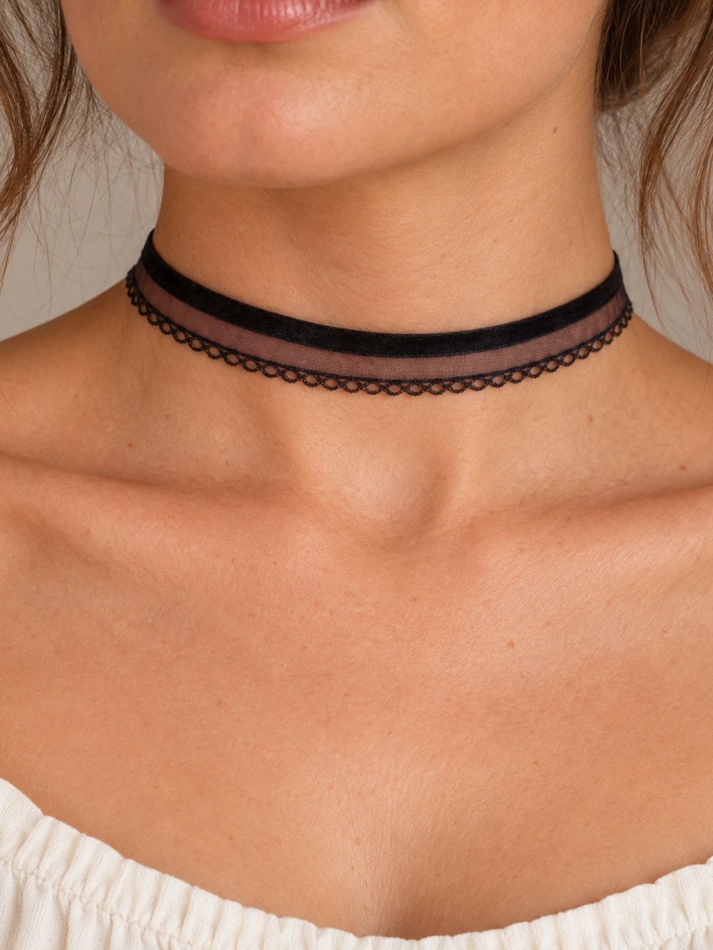 Vintage Black Layered Velvet & Lace Choker Necklace - Women Jewelry